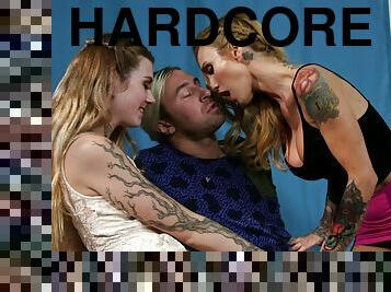 Blondes with tons of tattoos share his rock hard fuck stick