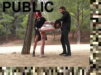 Public bdsm sub getting canned and humiliated outdoors