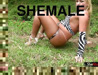 Blonde shemale revealing her private parts in the green wilderness