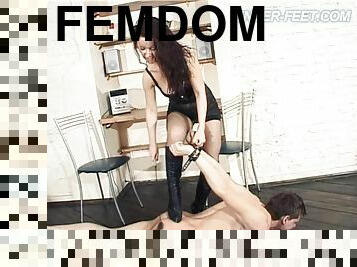 Elegant brunette spanking her guy lovely in femdom BDSM tape