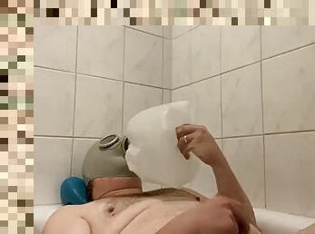 BHDL - N.V.A. BREATHTUB - LATEX GAS MASK BREATHING IN THE BATHTUB AND CUMMING TWICE