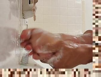 Paraplegic Washing Cock, Balls, Skinny Legs, and Tiny Feet Before Shower
