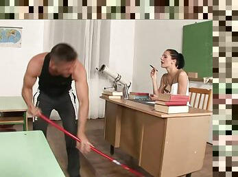 College Brunette Cowgirl Gets Fucked Hardcore By A Janitor