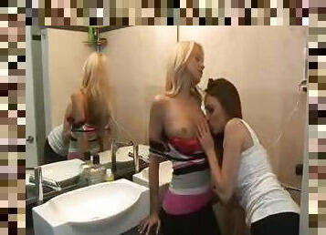 Watch pretty girls kiss in bathroom