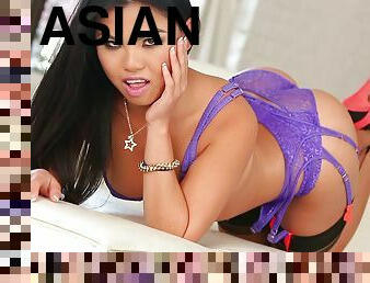 Adorable Asian pornstar in high heels enjoying a steamy interracial gang bang