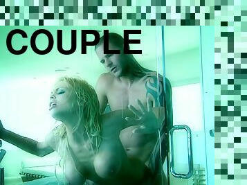 Horny blonde with fake tits getting smashed hardcore doggy style in the shower