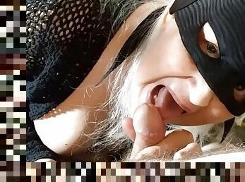 Amateur POV video of a dirty granny with a mask sucking a dick