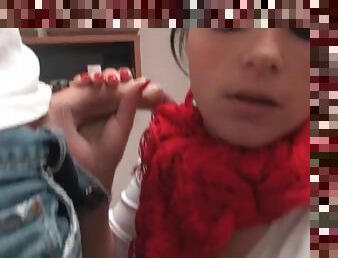 Smoking girl in a scarf sucks a cock