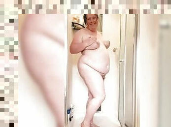 SUPER FAT tgirl soaps up BIG BELLY and HUGE ASS in shower