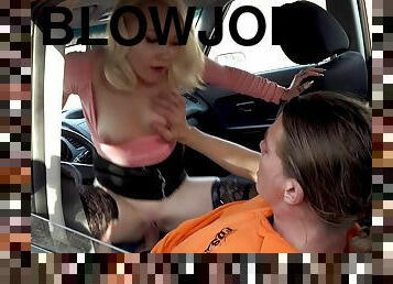 Talented blonde manages to ride a dick when driving a car