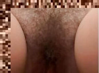 Closeup hairy pussy powerful piss after sex and pushing creampies out of both holes