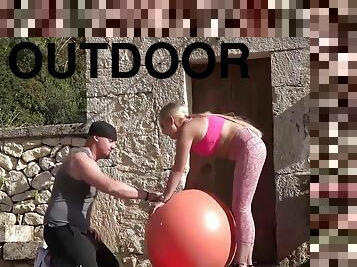 Outdoor The Horny Blonde Slut Gets Fucked After Her Yoga Session A Horny Threesome Cant Be Missed Out Either
