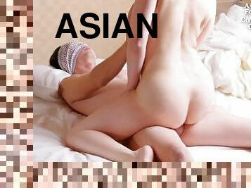 asiatisk, fru, mogen, milf, japansk, avrunkning, par, kyssar, sprut, gift