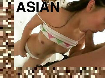 Slim Asian in white panties sucks a cock