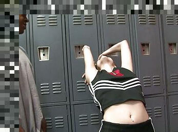 Sexy Cheerleader fucks Black guy in a locker room