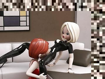 lesbiana, amuzant, hentai, 3d, latex