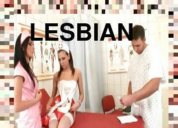 Lesbian nurses kissing and blowing the patient