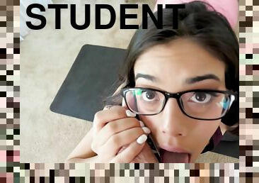 Nerdy teen students in glasses in POV blowjob compilation