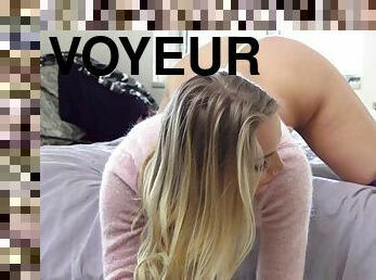 Gorgeous sweater girl invites the voyeur in to fuck her