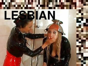 Hot ass Lesbian getting oiled in the washroom seductively