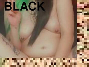 Sexy Green and Black Haired Gothic E-Girl does Ahegao and Fucks Herself Until She Cums on Her Dildo