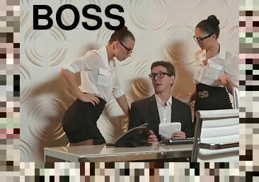 Hung boss invites his slutty assistants for a threesome in the office