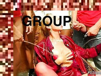 A group of guys gangbang a chick then shower her with piss