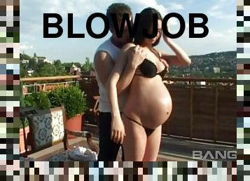 Alluring pregnant lady giving a superb blowjob before getting throbbed hardcore