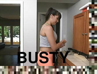 Busty maid mercedes carrera cleaning the kitchen