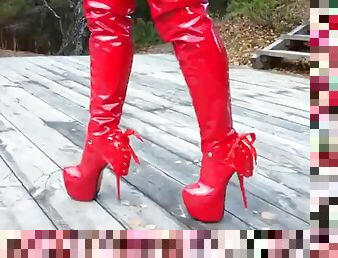 Lady l walking with red extreme sexy boots
