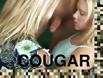 Blonde cougar with a hot body enjoying a hardcore FFM threesome