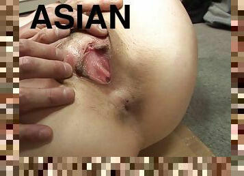 Tight Asian beauty takes on two guys at once and they both cum