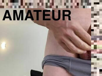 Male masturbation: from soft to hard, to cum in the living room of my friends.