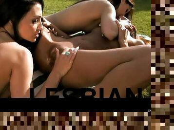 Lesbian Brunettes Have Outdoor Fun In A Sunny Day