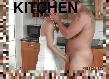 Jocelyne has hot sex in the kitchen and gets cum on her hairy pussy