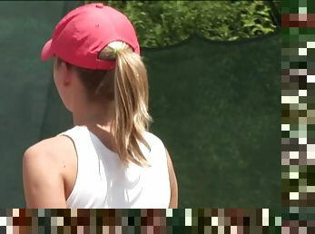 Sporty cutie Helga blows and gets fucked on a tennis court