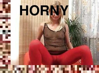 Horny blonde tasting and dripping piss on herself