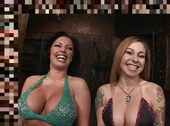 Three seductive sluts have some fun with studs in the dungeon
