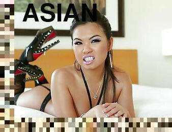 Fantastic Asian pornstar in high heels showcasing her natural tits