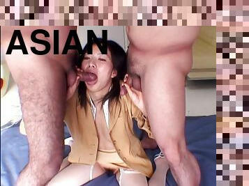 Amazing Asian babe with a hairy pussy getting nailed hardcore in a mmf threesome action
