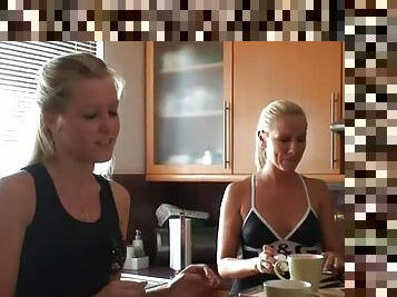 Two blondes Sandy and Sophie talking in the kitchen