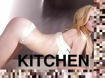 Gorgeous Blonde Model With A Fabulous Body Playing With Her Breasts In Her Kitchen