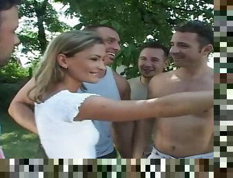 Cute blonde wants to enjoy a hot gangbang game with randy hunks