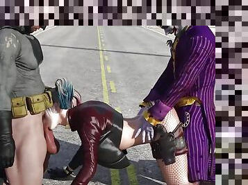 Harley Quinn, Joker, Batman Public Threesome on highway road in Texas.