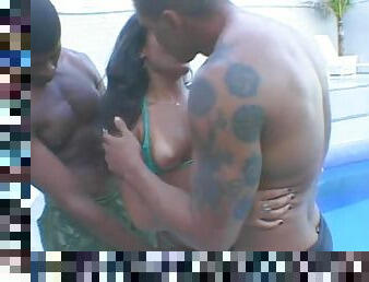 Sensual Latina Sucks and Fucks Two Interracial Cocks by the Pool