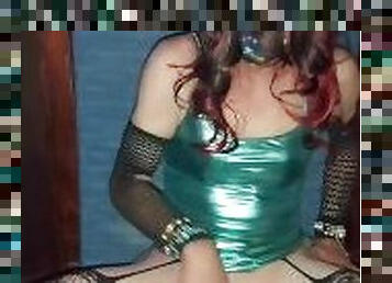 Green metallic dress bouncing and rubbing myself on my gym ball to a big cumblast