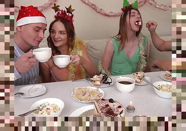 Sweet babes swap partners on Christmas eve in loud foursome