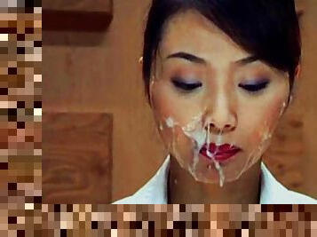 Japanese girl reads the news with cum on her face