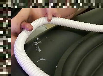 Small cock masturbates, rubs and cums on a vacuum hose