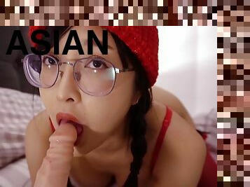 Asian nerd teen has fun with dildo